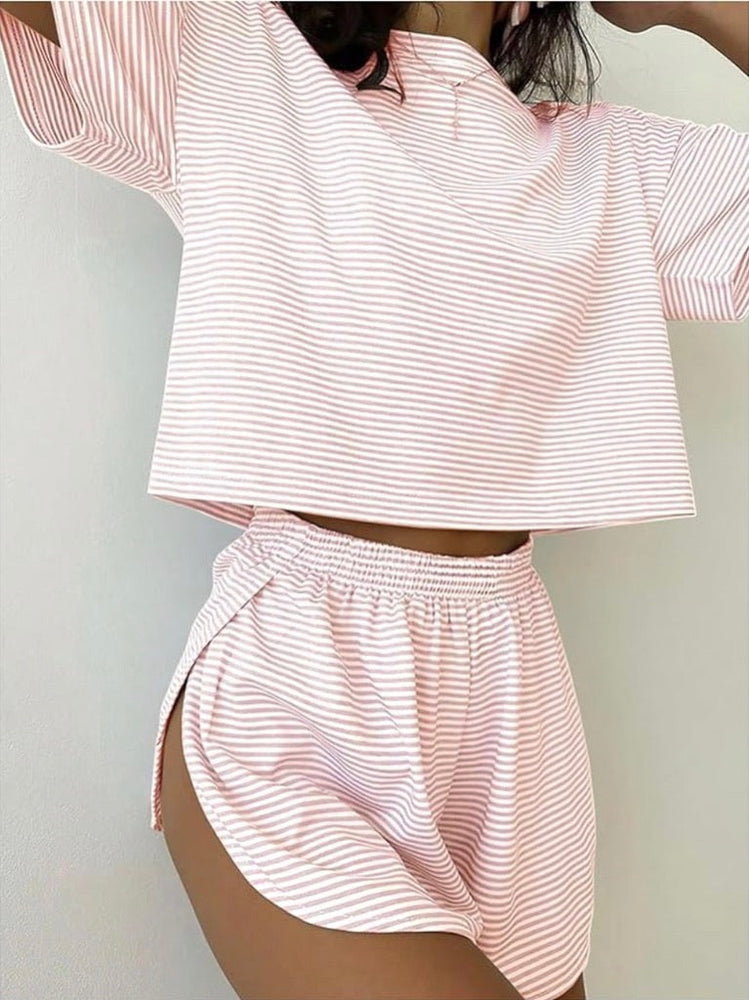 Pink striped two-piece lounge set for women – crop top and high-waist shorts summer loungewear outfit casual comfy matching set"
